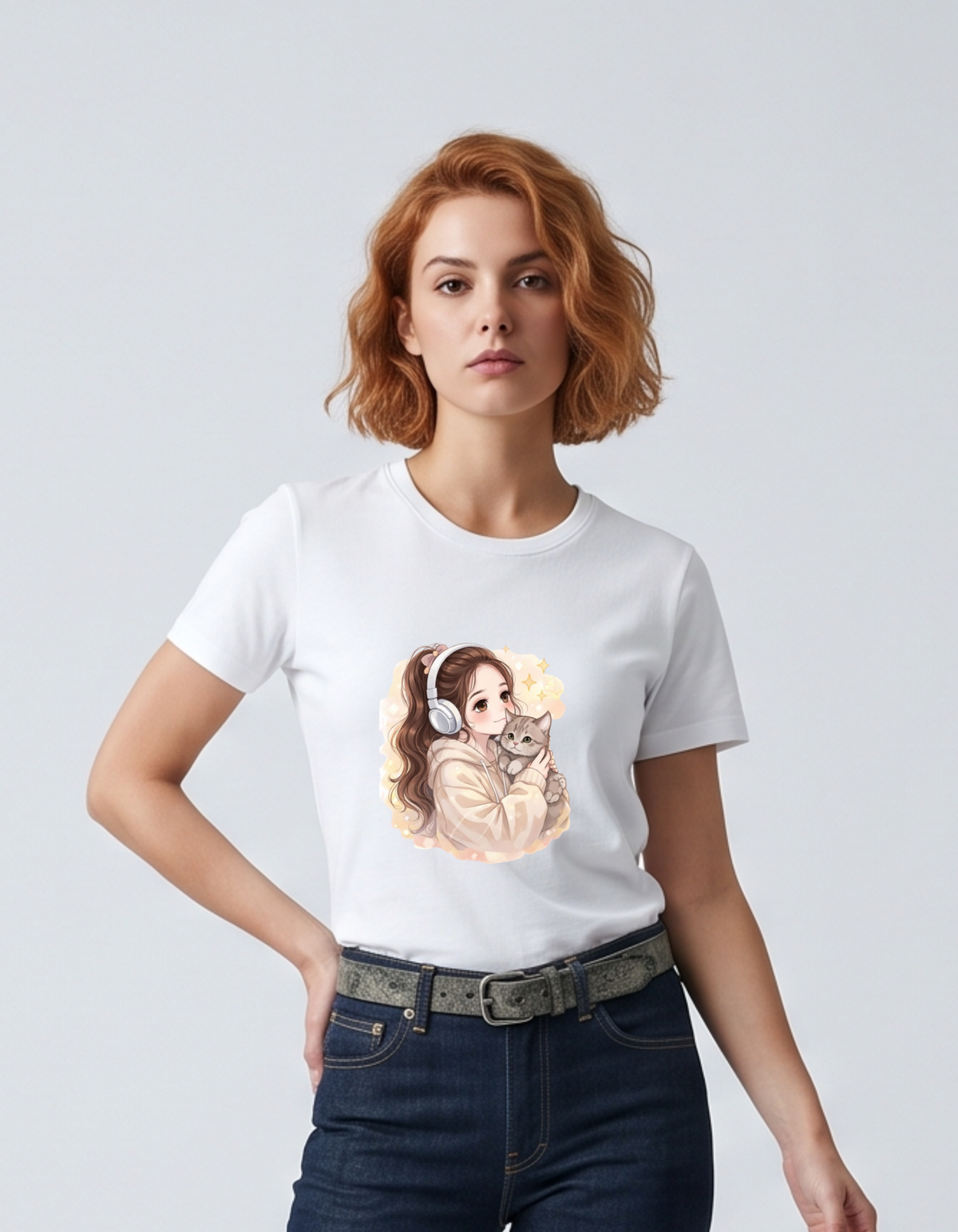 Girl With Kittie Typography T-Shirt